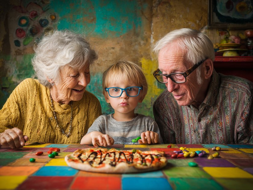 Kindertag mit den Großeltern: Großeltern sitzen mit Enkel am Tisch vor einer Pizza mit Schokosoße Kindertag mit den Großeltern: Großeltern sitzen mit Enkel am Tisch vor einer Pizza mit Schokosoße