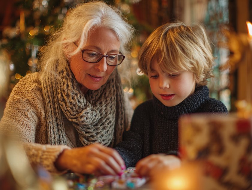 Boomer-Tricks für Adventskalender: Großmutter öffnet mit Enkel Adventskalender