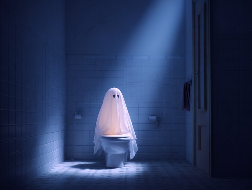 Ganzkörperkostüme für die ganze Familie: ein Geist sitzt auf der Toilette Ganzkörperkostüme für die ganze Familie: ein Geist sitzt auf der Toilette