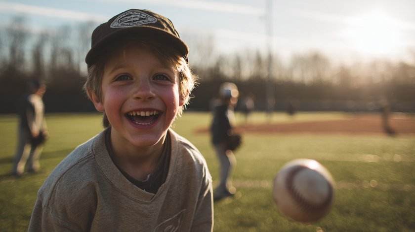 Ein Junge spielt auf einem Baseball-Feld Ein Junge spielt auf einem Baseball-Feld