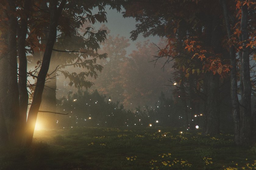 Ein paar mystische Lichter tanzen in einem geheimnisvollen Fantasiewald Ein paar mystische Lichter tanzen in einem geheimnisvollen Fantasiewald