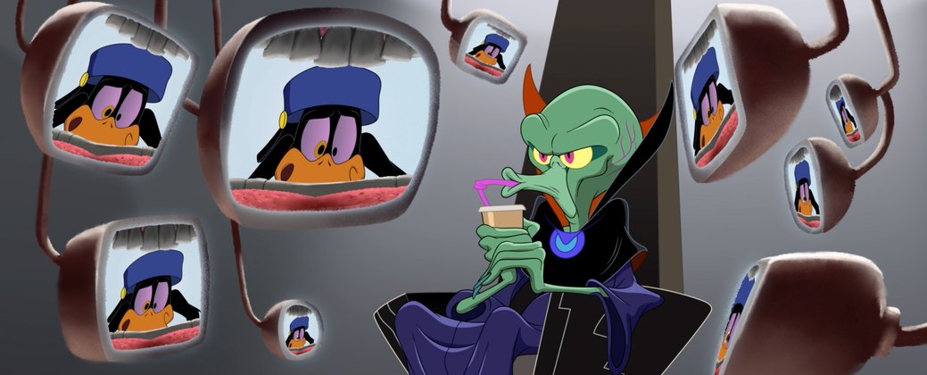 Ein klebriges Abenteuer: Daffy Duck und Schweinchen Dick retten den Planeten: Während Dick Petunia im Auge hat, wird Daffy von einem ganz anderen Wesen beobachtet. Ein klebriges Abenteuer: Daffy Duck und Schweinchen Dick retten den Planeten: Während Dick Petunia im Auge hat, wird Daffy von einem ganz anderen Wesen beobachtet.
