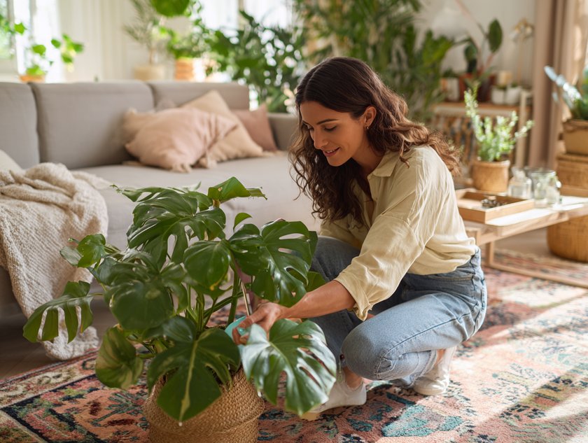 Frau wässert Monstera