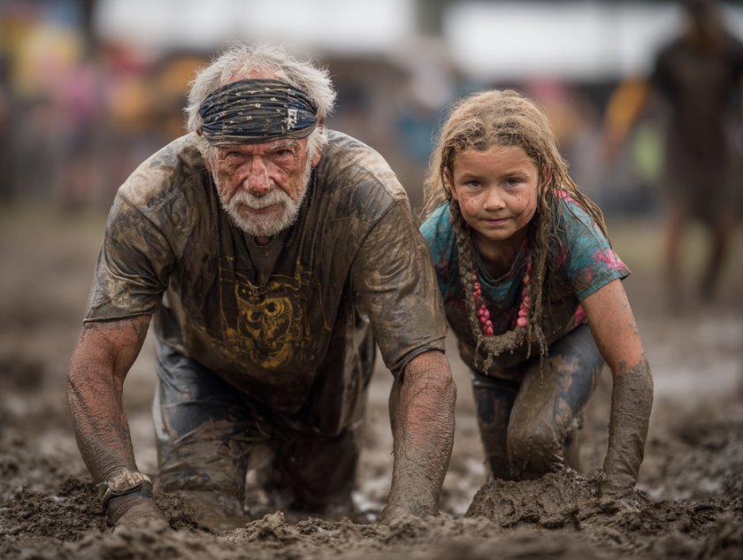 Enkelin und Großvater auf einem Schlamm-Parcours Enkelin und Großvater auf einem Schlamm-Parcours