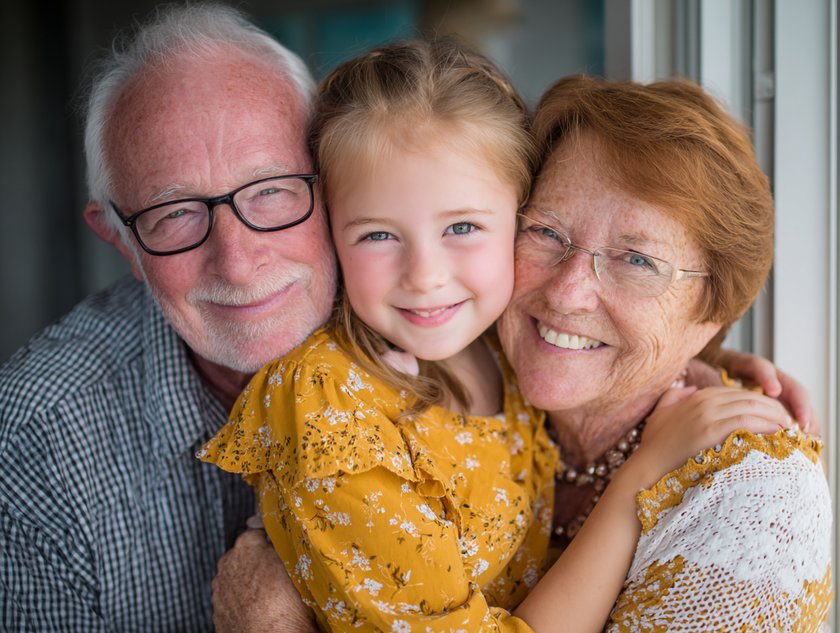Kindertag mit den Großeltern: Großeltern umarmen Enkeltochter Kindertag mit den Großeltern: Großeltern umarmen Enkeltochter