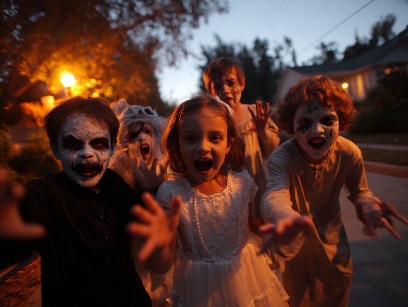 Kinder, die dabei sind, andere zu Halloween zu erschrecken Kinder, die dabei sind, andere zu Halloween zu erschrecken