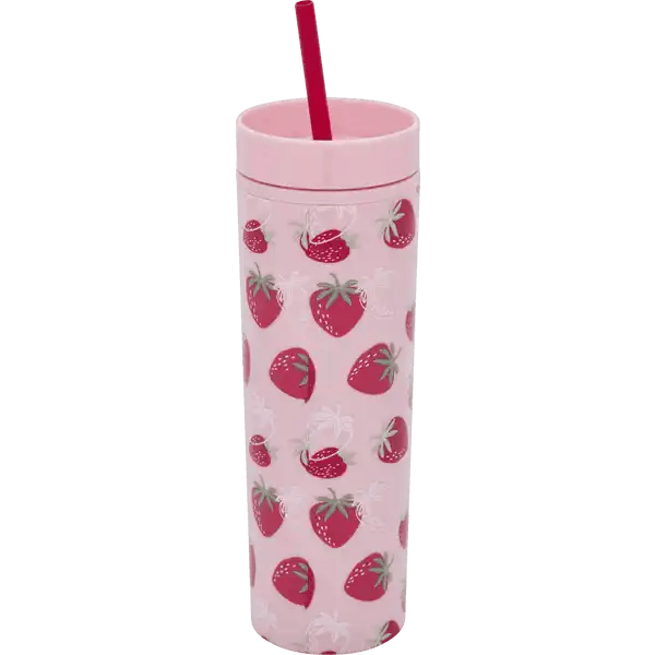 Trinkbecher rosa mit Erdbeermotiv und rotem Strohhalm
