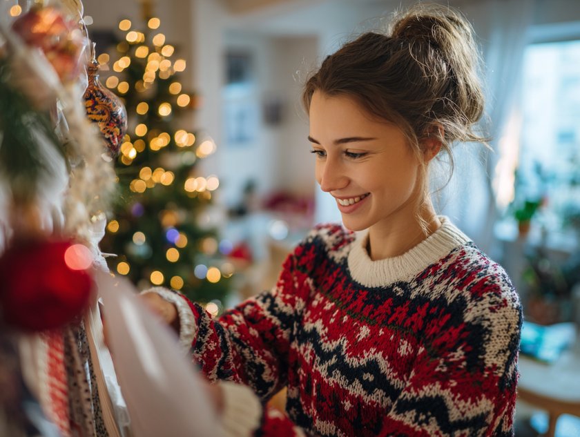 Adventskalender für Erwachsene: Frau öffnet lächelnd ein Adventskalendertürchen