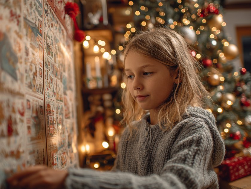 Adventskalender für Mädchen: Mädchen öffnet ihren Adventskalender Adventskalender für Mädchen: Mädchen öffnet ihren Adventskalender