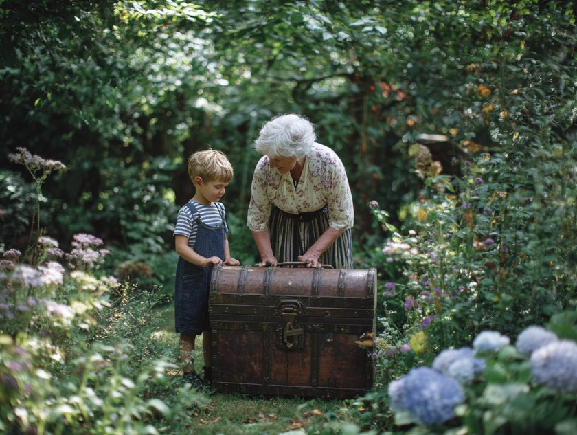 Kindertag mit Großeltern: Großmutter steht mit Enkel vor Schatztruhe Kindertag mit Großeltern: Großmutter steht mit Enkel vor Schatztruhe