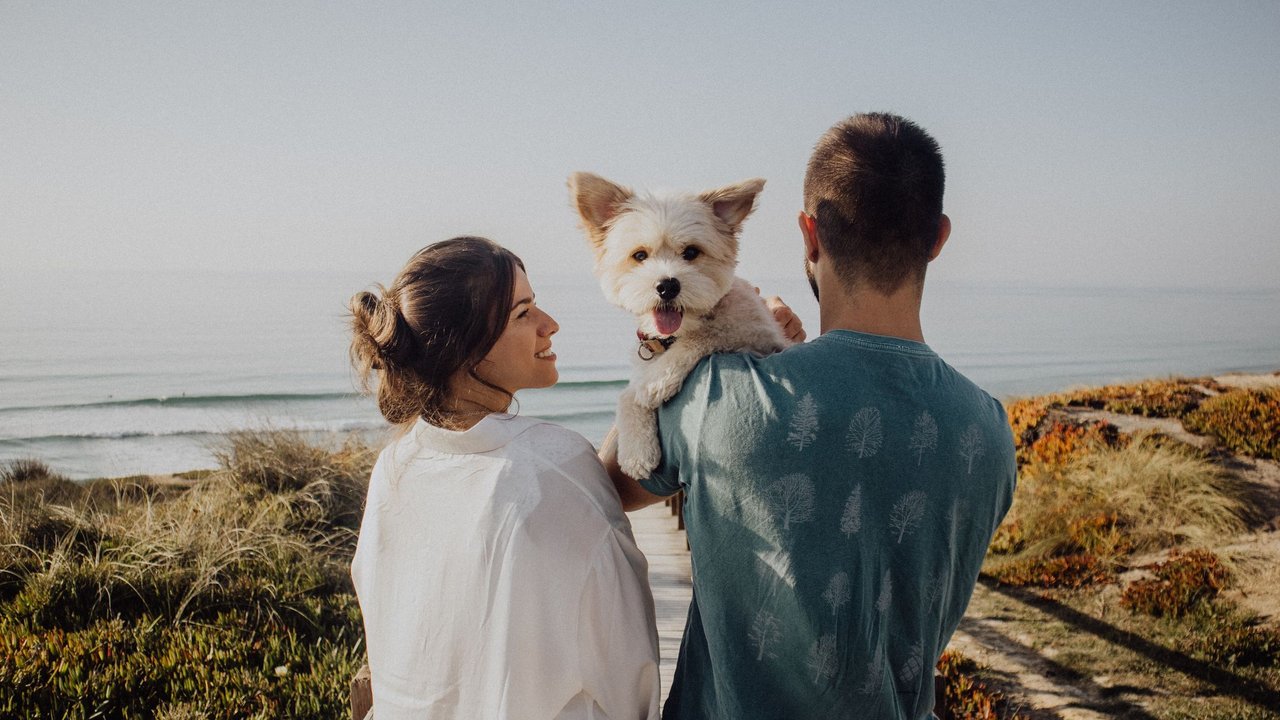 Pärchen mit Hund am Strand Pärchen mit Hund am Strand