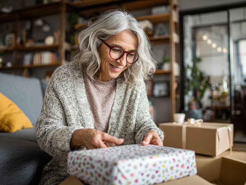 Boomer Frau packt Geschenk aus