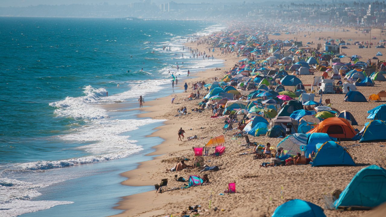Beach Sprawling: Strand mit vielen Zelten und Sonnenschirmen Beach Sprawling: Strand mit vielen Zelten und Sonnenschirmen