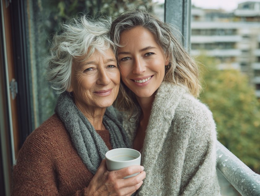 Boomer-Mutter und Millennial-Tochter in Harmonie zusammen Boomer-Mutter und Millennial-Tochter in Harmonie zusammen