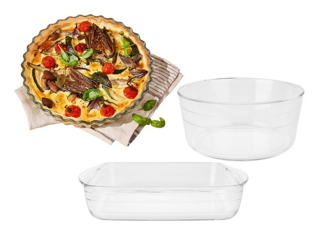 Auflaufform transparent in 3 Formen mit Quiche Auflaufform transparent in 3 Formen mit Quiche