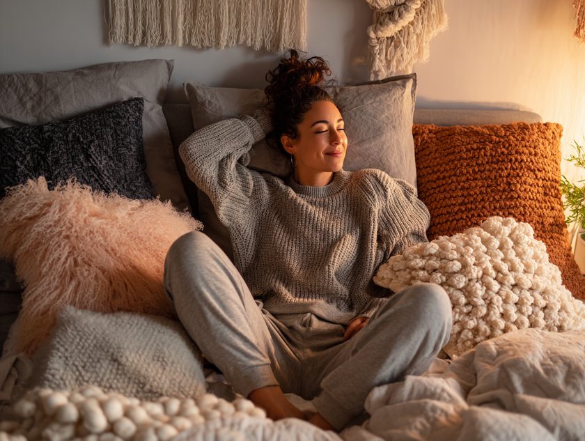 Millennial Frau chillt im Bett Millennial Frau chillt im Bett