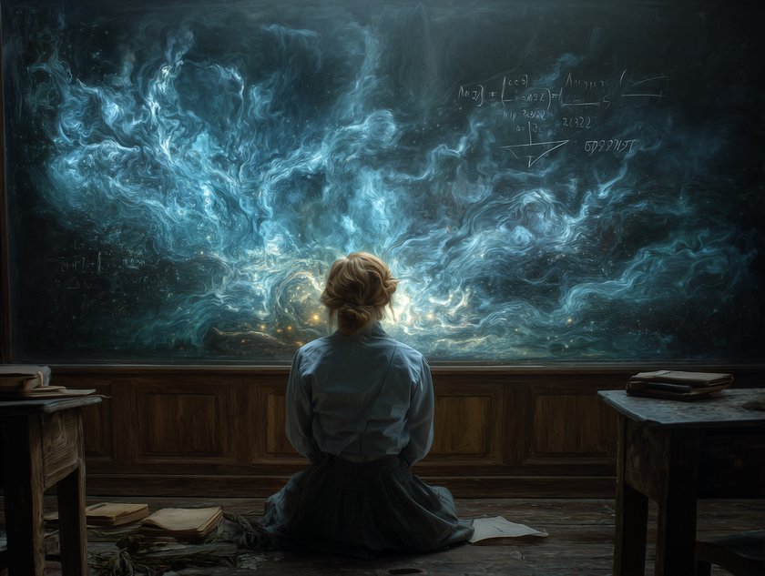 Traum von Schulzeit: Frau sitzt vor leere Tafel im Klassenraum Traum von Schulzeit: Frau sitzt vor leere Tafel im Klassenraum