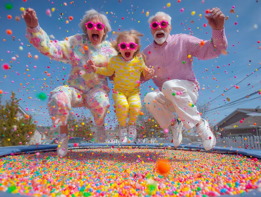 Weltkindertag mit Oma und Opa: Großeltern springen mit ihrem Enkel auf einem Trampolin voller Süßigkeiten Weltkindertag mit Oma und Opa: Großeltern springen mit ihrem Enkel auf einem Trampolin voller Süßigkeiten