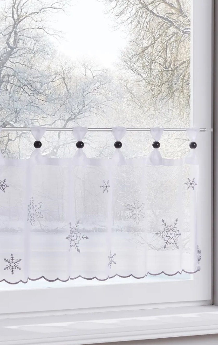 Scheibengardine mit winterlicher Stickerei Scheibengardine mit winterlicher Stickerei