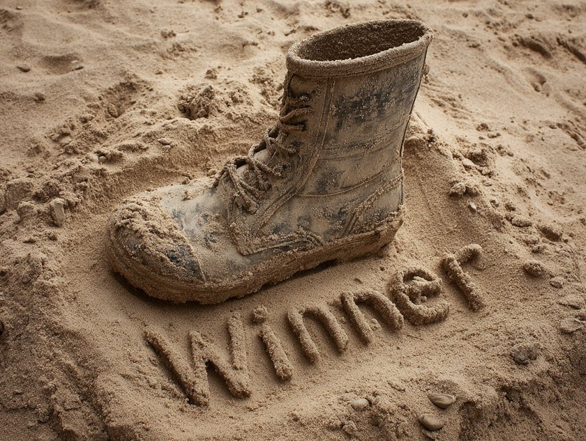 Ein Gummistiefel im Sandkasten, darunter das Wort "Winner" Ein Gummistiefel im Sandkasten, darunter das Wort "Winner"