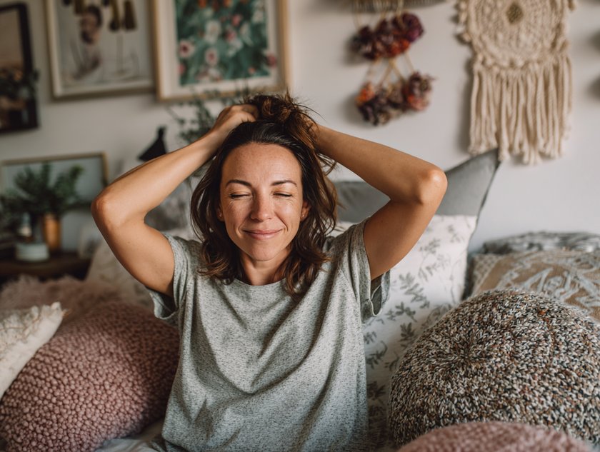 Millennial Frau mit Dekokissen Millennial Frau mit Dekokissen