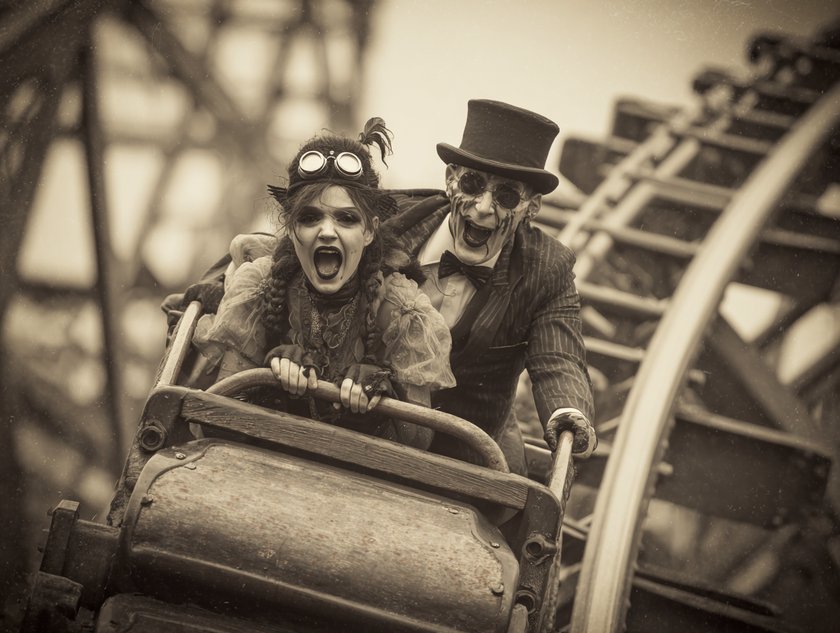 Ein Vampir und eine Hexe fahren mit der Achterbahn Ein Vampir und eine Hexe fahren mit der Achterbahn