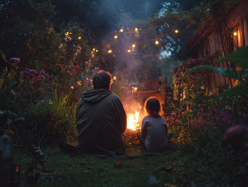 Großvater sitz mit Enkelin am Lagerfeuer Großvater sitz mit Enkelin am Lagerfeuer