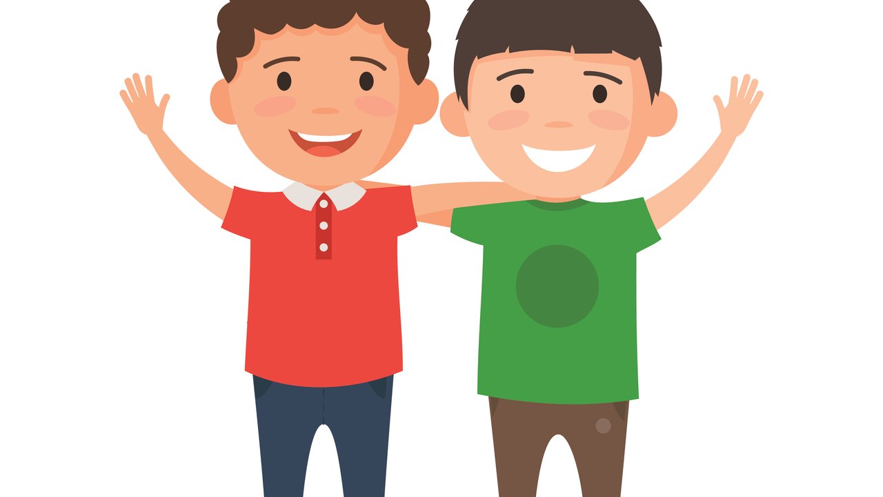 Two boys smiling, hugging and waving their hands. Happy kids best friends. Vector illustration in cartoon style isolated on white background