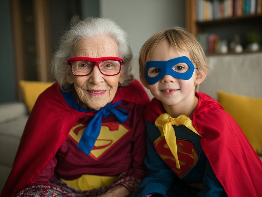 Kindertag mit den Großeltern: Großmutter und Enkel als Superhelden verkleidet Kindertag mit den Großeltern: Großmutter und Enkel als Superhelden verkleidet