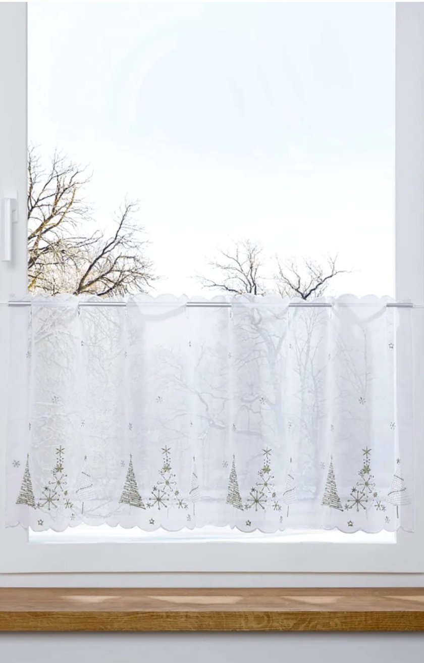 Scheibengardine mit weihnachtlicher Stickerei Scheibengardine mit weihnachtlicher Stickerei