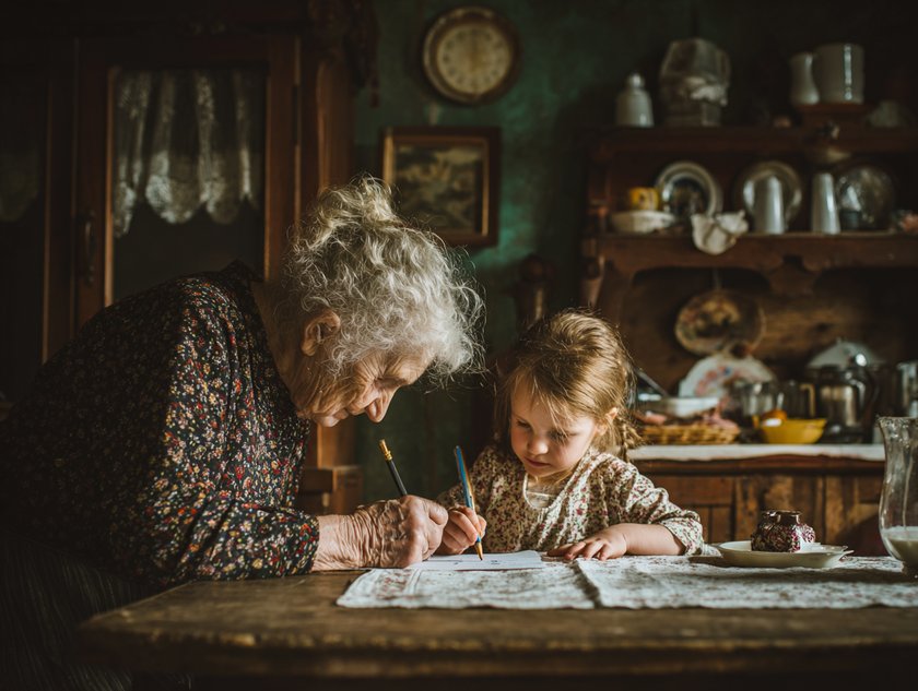 Kindertag mit den Großeltern: Großmutter schreibt mit Enkelin Brief Kindertag mit den Großeltern: Großmutter schreibt mit Enkelin Brief