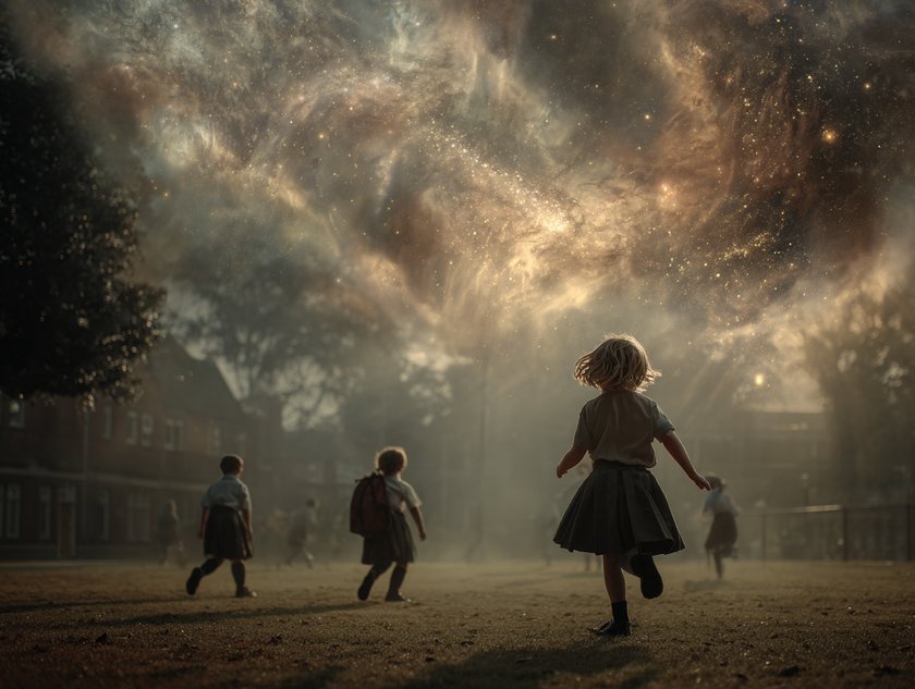 Traum von Schulzeit: Kinder rennen im Schulhof Traum von Schulzeit: Kinder rennen im Schulhof