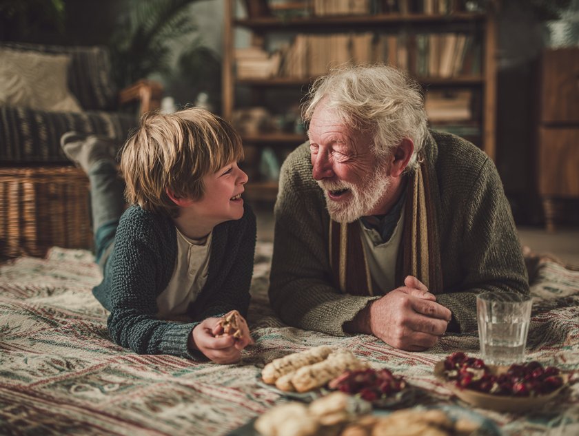 Kindertag mit den Großeltern: Opa liegt mit Enkel auf Picknickdecke im Wohnzimmer Kindertag mit den Großeltern: Opa liegt mit Enkel auf Picknickdecke im Wohnzimmer