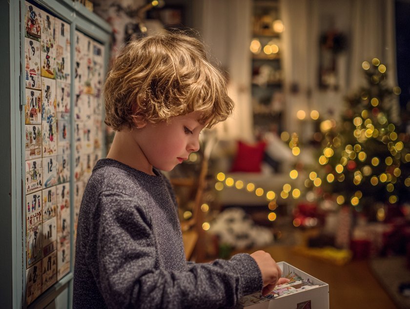 Adventskalender-Sprüche: Junge öffnet seinen Adventskalender