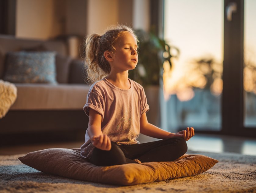 Mädchen macht Atemübungen Mädchen macht Atemübungen