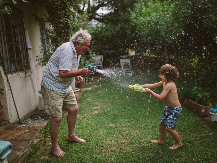 Großvater und Enkel machen im Garten eine Wasserschlacht Großvater und Enkel machen im Garten eine Wasserschlacht
