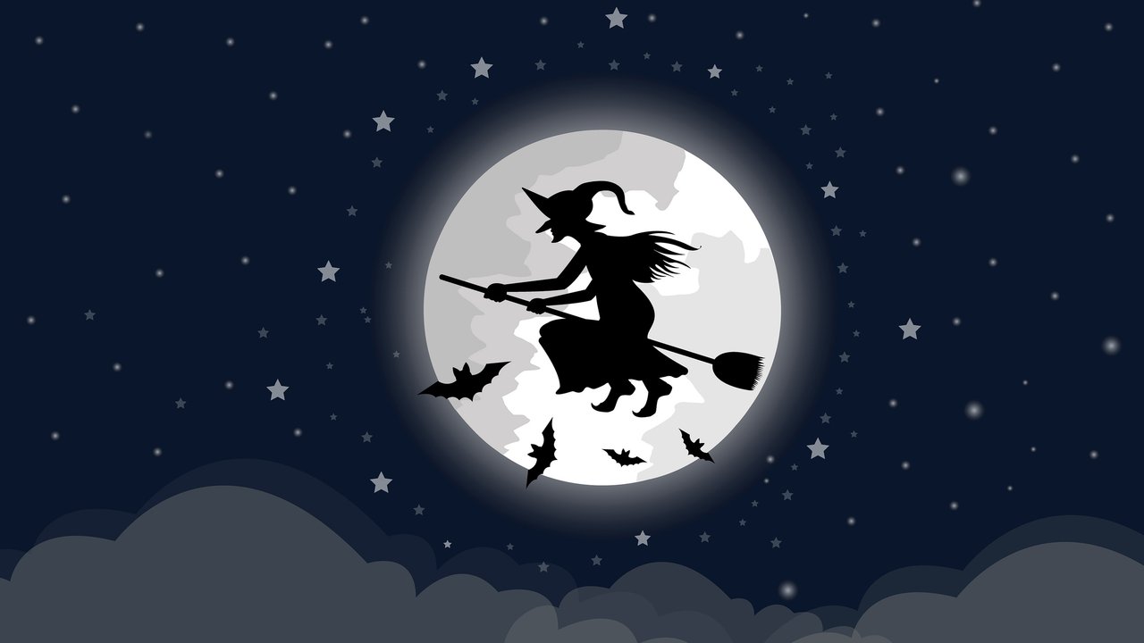 Witches ride the broom through the big moon, the clouds are below In the night with a star full of blue Halloween Holidays