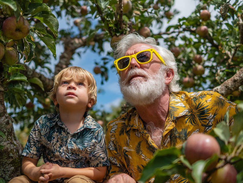 Ein Großvater und sein Enkelsohn sitzen in einem Apfelbaum Ein Großvater und sein Enkelsohn sitzen in einem Apfelbaum