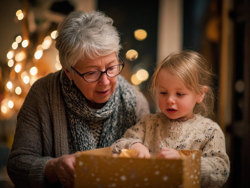 Boomer-Adventskalender: Großmutter öffnet mit Enkelin einen Adventskalender