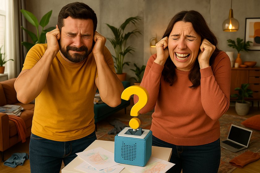 Die nervigsten Tonies aller Zeiten: Mann und Frau halten sich gequält die Ohren zu neben einer blauen Toniebox, auf der ein Fragezeichen steht Die nervigsten Tonies aller Zeiten: Mann und Frau halten sich gequält die Ohren zu neben einer blauen Toniebox, auf der ein Fragezeichen steht