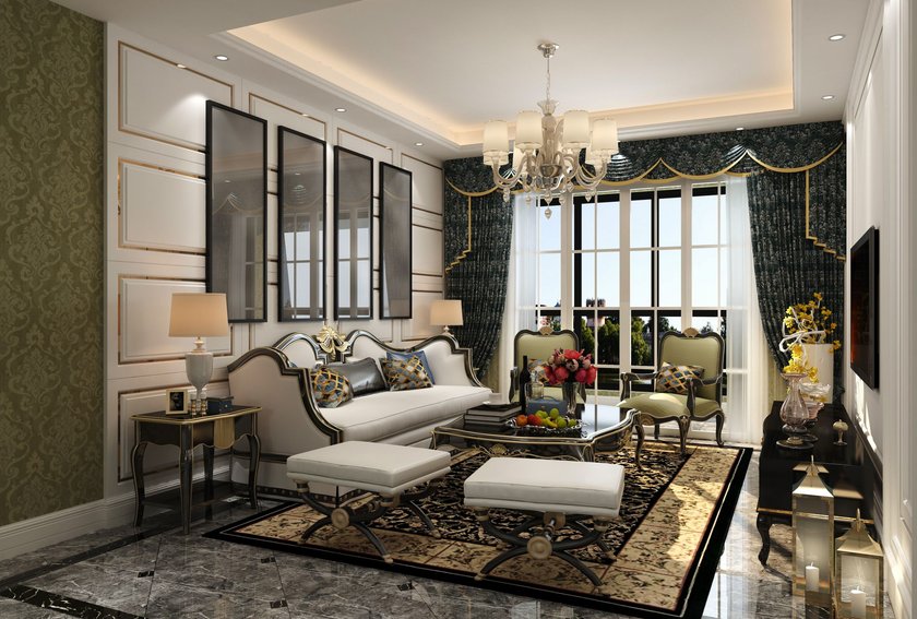 Luxuriöses Wohnzimmer im klassischen Glam-Stil