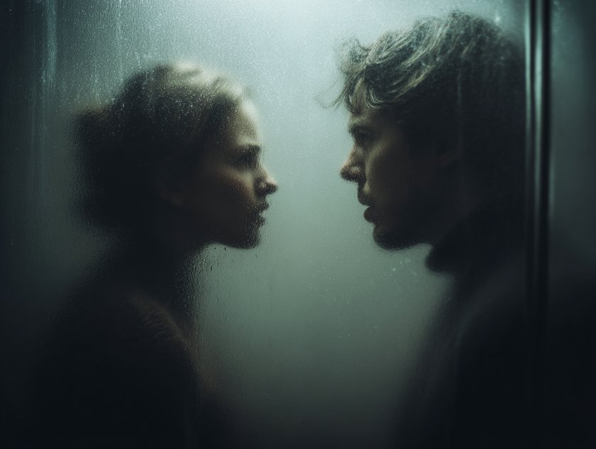 Toxische Beziehung: Mann und Frau streiten sich hinter einer Milchglaswand Toxische Beziehung: Mann und Frau streiten sich hinter einer Milchglaswand