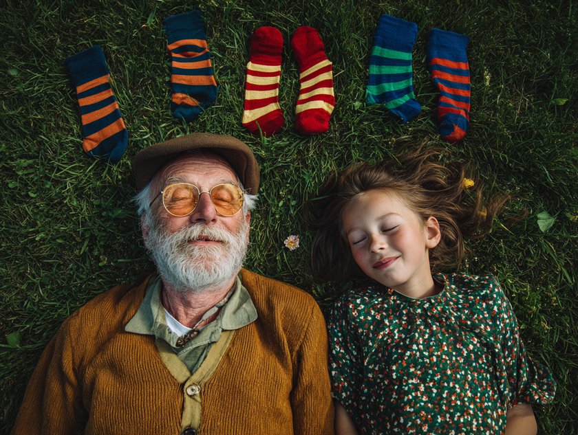 Gartenspiele mit Opa: Enkelin liegt mit ihrem Großvater zwischen Socken auf der Wiese Gartenspiele mit Opa: Enkelin liegt mit ihrem Großvater zwischen Socken auf der Wiese