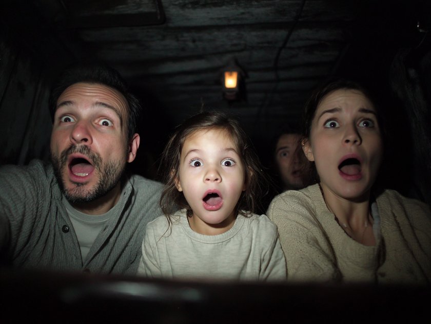 Eine Familie schaut erschrocken in einer Geisterbahn Eine Familie schaut erschrocken in einer Geisterbahn