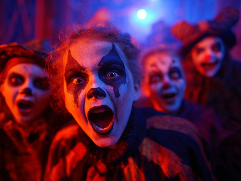 Halloween-Angst: Gruppe Kinder erschreckt Leute Halloween-Angst: Gruppe Kinder erschreckt Leute