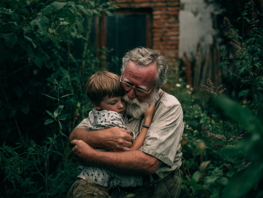 Ein Großvater umarmt im Garten seinen Enkel Ein Großvater umarmt im Garten seinen Enkel
