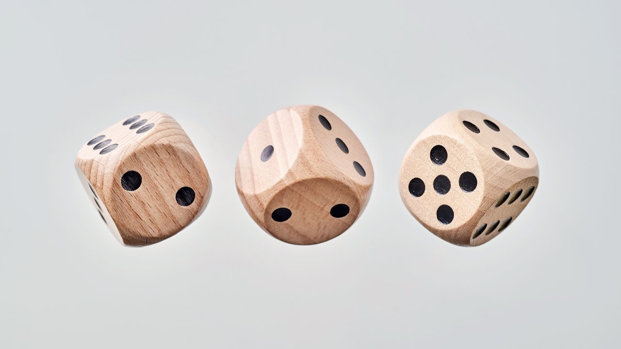 Business & design concept - Abstract geometric real floating wooden blank dice isolated on background, it's not 3D render.
