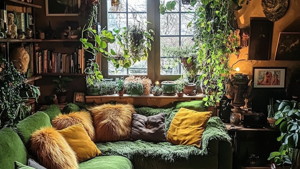 Wohntrend Goblincore: Wohnzimmer mit hängenden Pflanzen, grüner Couch, Fellen, viel grün mit braun