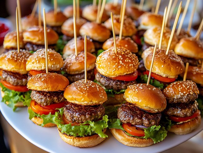 Fingerfood für Silvester: Mini-Burger-Spiele sind bei Kindern und Erwachsenen der Hit - für euch schon mehrfach getestet.