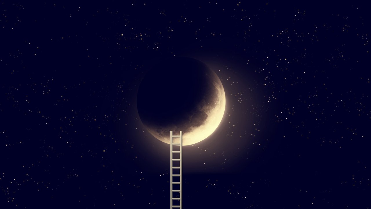 Night sky with moon and step ladder. Elements of this image furnished by NASA